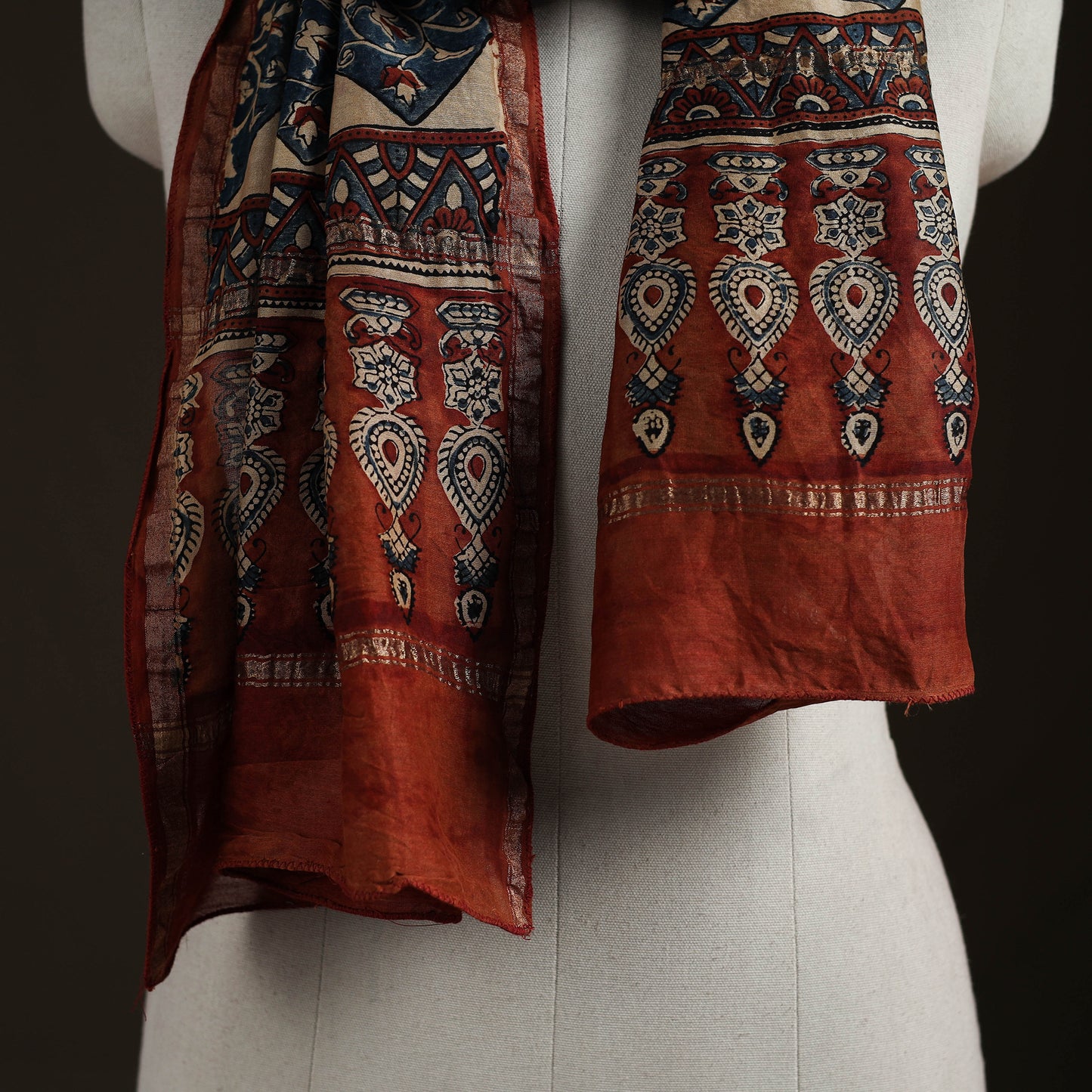 Handloom Chanderi Silk Ajrakh Hand Block Print Natural Dyed Stole 03
