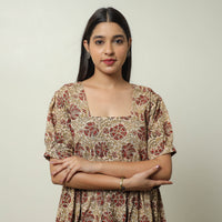 Beige - Pedana Kalamkari Block Printed Cotton Tiered Dress 03