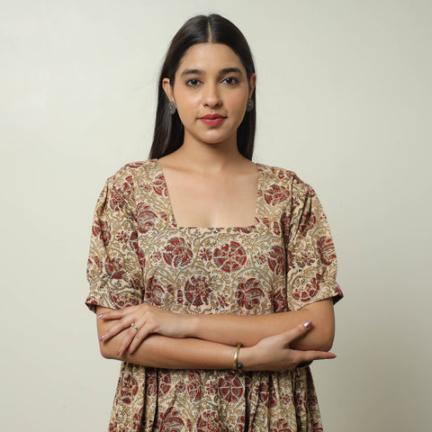 Beige - Pedana Kalamkari Block Printed Cotton Tiered Dress 03