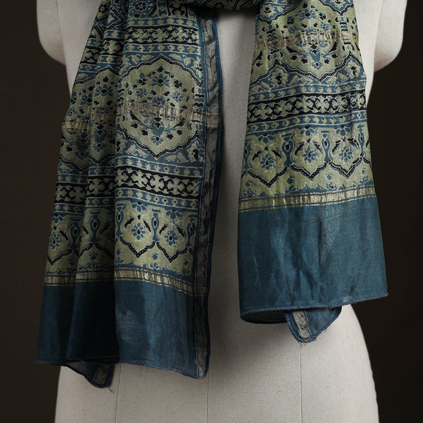 Handloom Chanderi Silk Ajrakh Hand Block Print Natural Dyed Stole 04