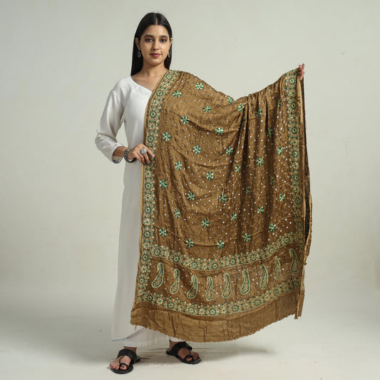 Brown - Kutch Bandhani Tie-Dye Modal Silk Zari Work Dupatta 60