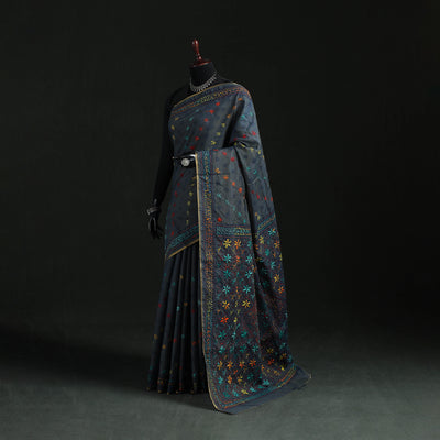Black - Bengal Kantha Hand Embroidery Silk Cotton Chapa Work Saree 55