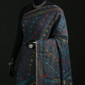 Black - Bengal Kantha Hand Embroidery Silk Cotton Chapa Work Saree 55