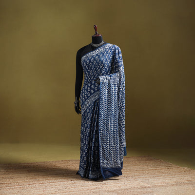 Indigo Bagru Hand Block Print Pure Mul Cotton Ready To Wear Saree 27