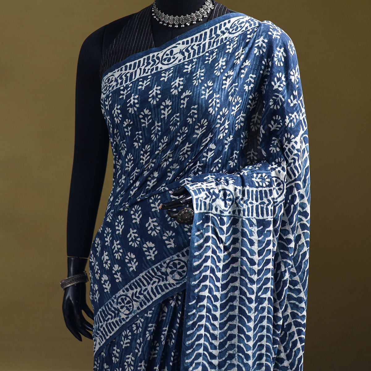 Indigo Bagru Hand Block Print Pure Mul Cotton Ready To Wear Saree 27