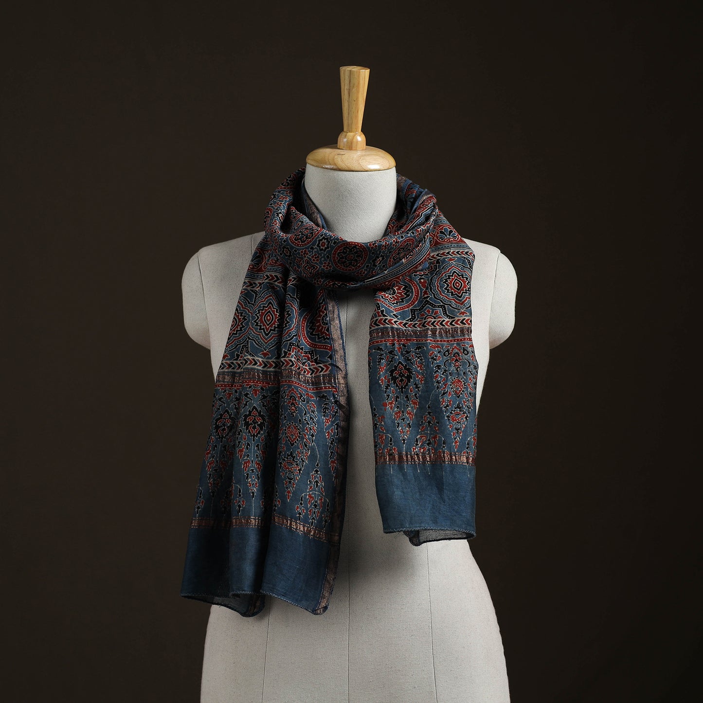 Handloom Chanderi Silk Ajrakh Hand Block Print Natural Dyed Stole 05