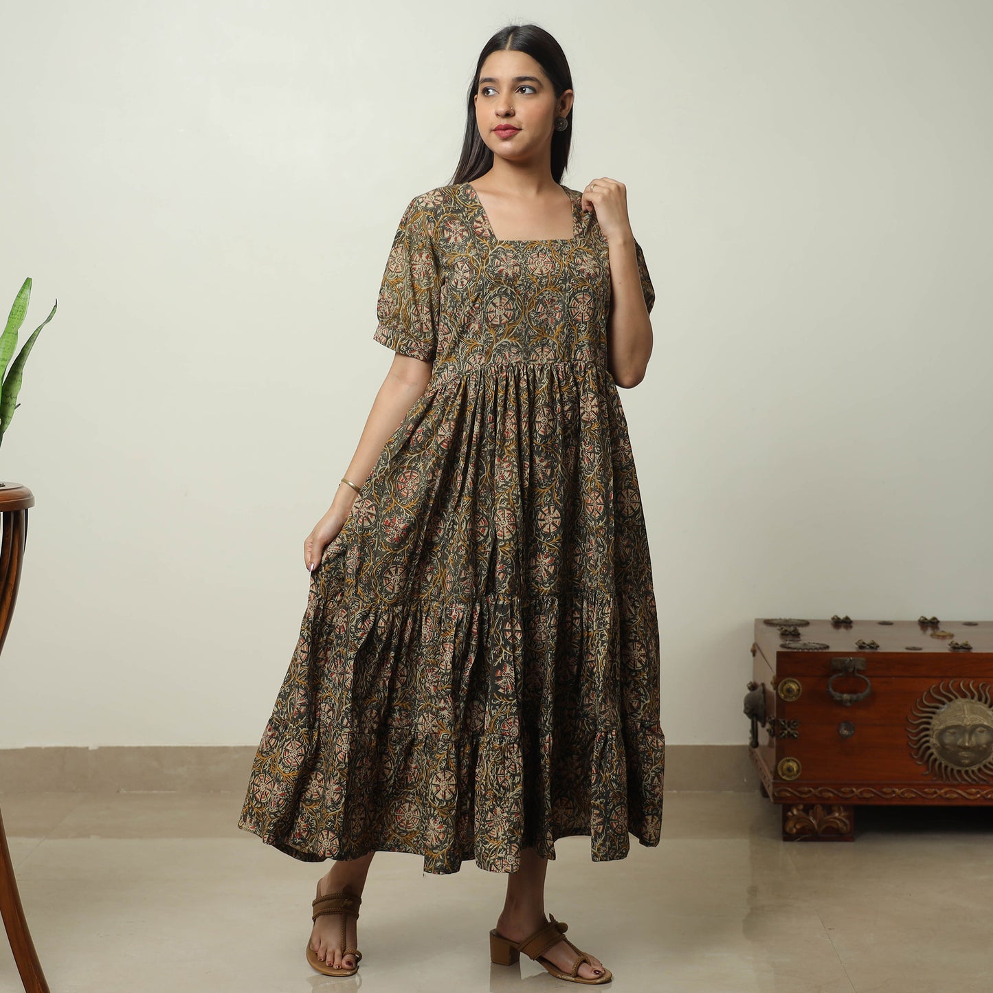 Brown - Kalamkari Block Printed Cotton Tiered Dress 11