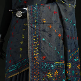 Black - Bengal Kantha Hand Embroidery Silk Cotton Chapa Work Saree 55