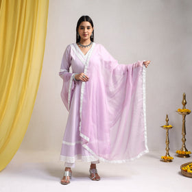 Lace Work Light Lavender Plain Cotton Anarkali Kurta with Dupatta Set