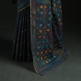 Black - Bengal Kantha Hand Embroidery Silk Cotton Chapa Work Saree 55