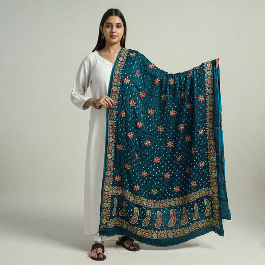 Blue - Kutch Bandhani Tie-Dye Modal Silk Zari Work Dupatta 61