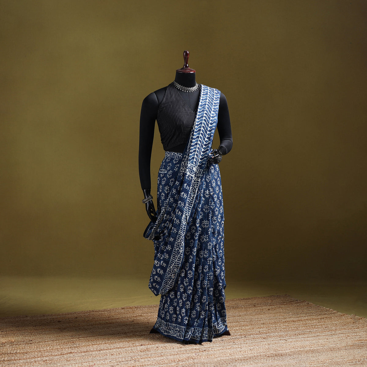 Indigo Bagru Hand Block Print Pure Mul Cotton Ready To Wear Saree 27