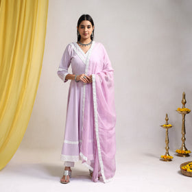 Lace Work Light Lavender Plain Cotton Anarkali Kurta with Dupatta Set