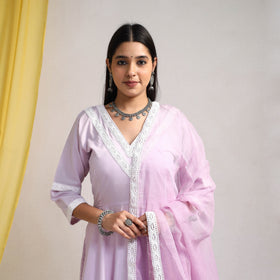 Lace Work Light Lavender Plain Cotton Anarkali Kurta with Dupatta Set