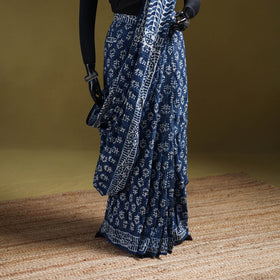 Indigo Bagru Hand Block Print Pure Mul Cotton Ready To Wear Saree 27