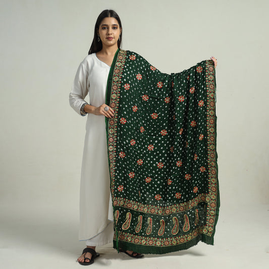 Green - Kutch Bandhani Tie-Dye Modal Silk Zari Work Dupatta 62