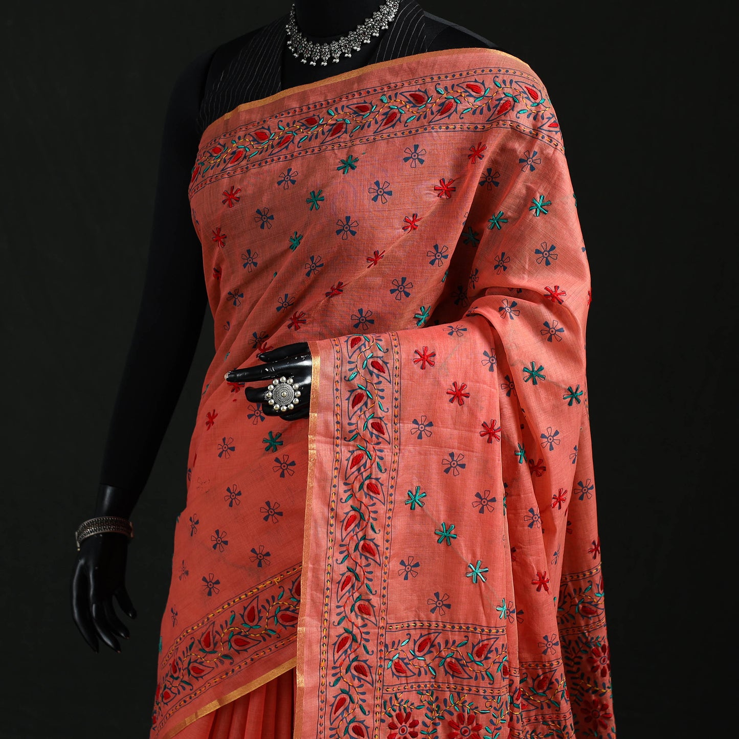 Peach - Bengal Kantha Hand Embroidery Silk Cotton Chapa Work Saree 56