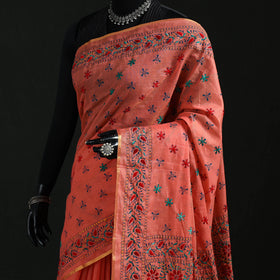 Peach - Bengal Kantha Hand Embroidery Silk Cotton Chapa Work Saree 56