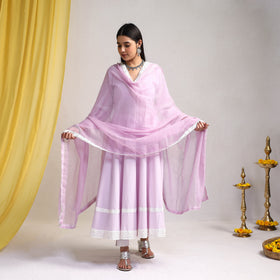 Lace Work Light Lavender Plain Cotton Anarkali Kurta with Dupatta Set
