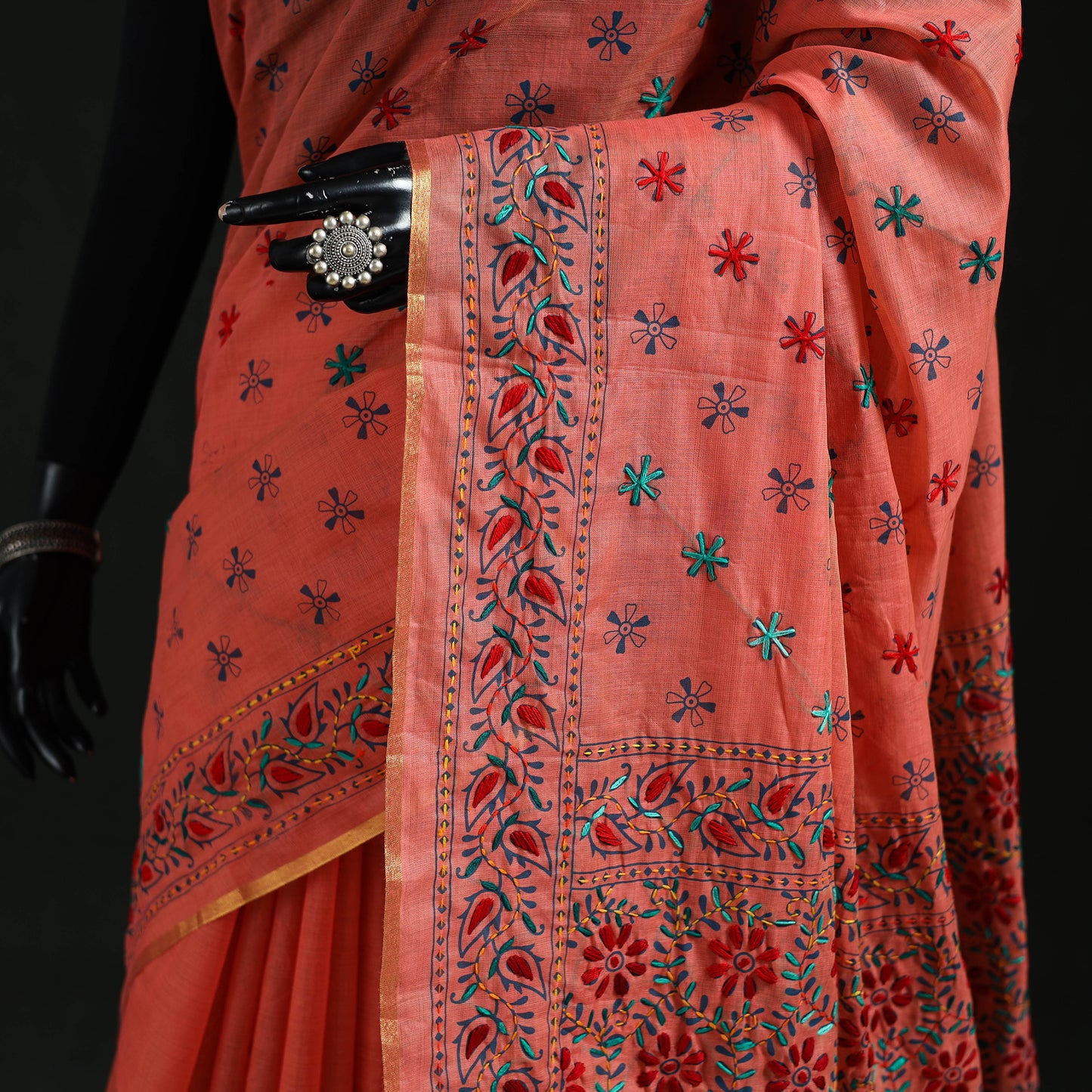 Peach - Bengal Kantha Hand Embroidery Silk Cotton Chapa Work Saree 56
