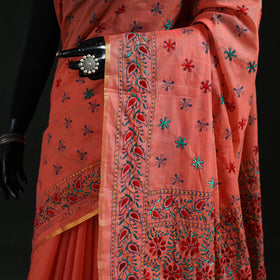 Peach - Bengal Kantha Hand Embroidery Silk Cotton Chapa Work Saree 56