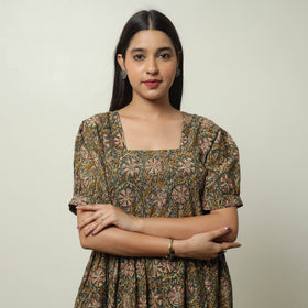 Brown - Kalamkari Block Printed Cotton Tiered Dress 11