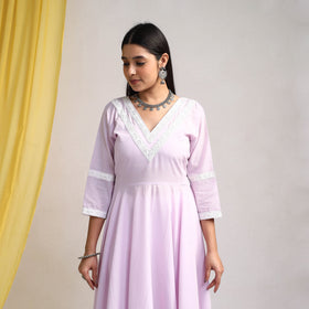 Lace Work Light Lavender Plain Cotton Anarkali Kurta with Dupatta Set