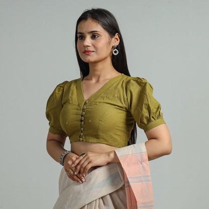 Green - Jacquard Weave Cotton Stitched Blouse 11