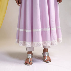 Lace Work Light Lavender Plain Cotton Anarkali Kurta with Dupatta Set
