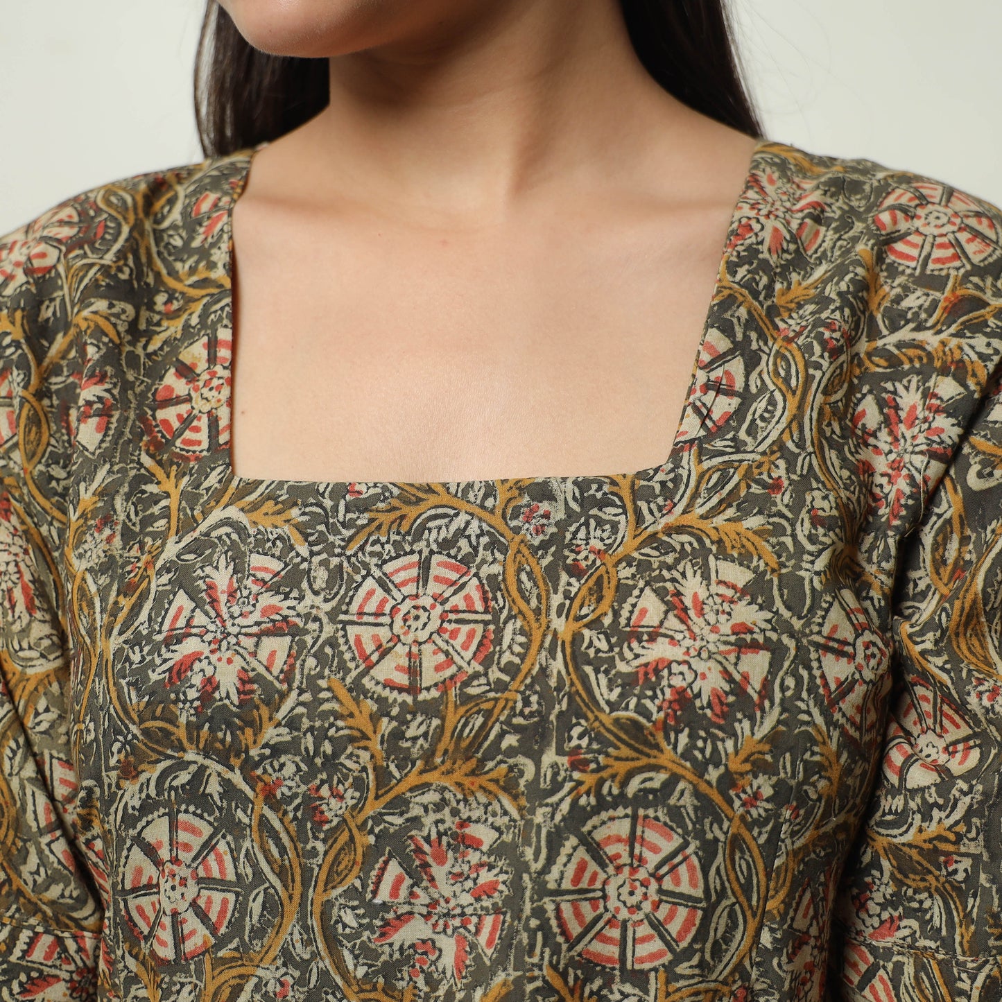 Brown - Kalamkari Block Printed Cotton Tiered Dress 11