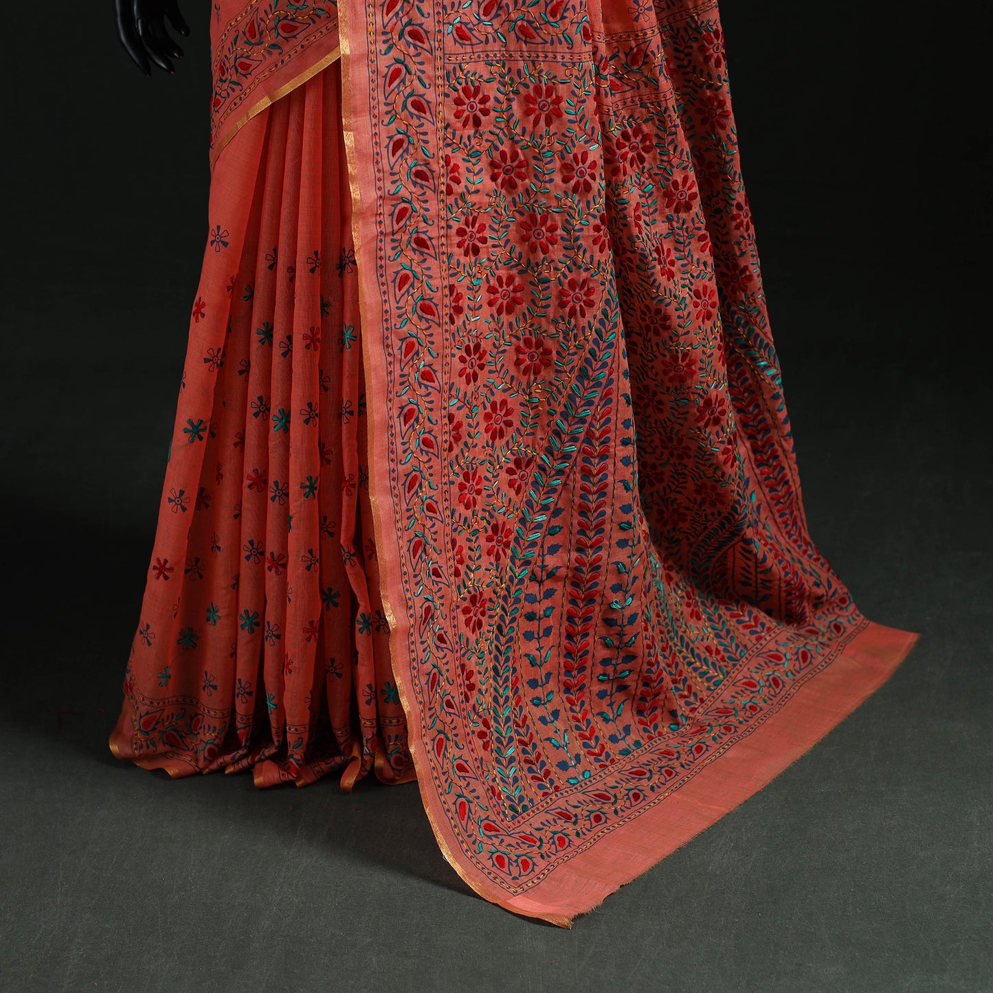 Peach - Bengal Kantha Hand Embroidery Silk Cotton Chapa Work Saree 56