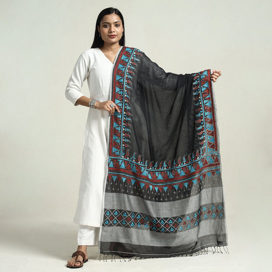 Black - Bolpur Kantha Embroidery Cotton Handloom Dupatta with Tassels