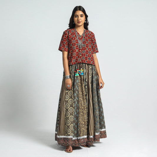 Brown - Ajrakh Block Printed 24 Kali Patchwork Cotton Long Skirt