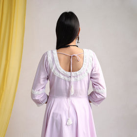 Lace Work Light Lavender Plain Cotton Anarkali Kurta with Dupatta Set