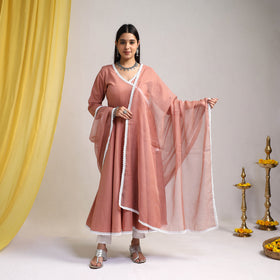 Lace Work Peach Plain Cotton Anarkali Kurta with Dupatta Set