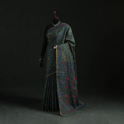 Green - Bengal Kantha Hand Embroidery Silk Cotton Chapa Work Saree 57