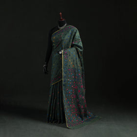Green - Bengal Kantha Hand Embroidery Silk Cotton Chapa Work Saree 57