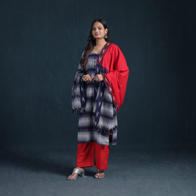 Pochampally Ikat Cotton Suit Set with Dupatta for Women 20