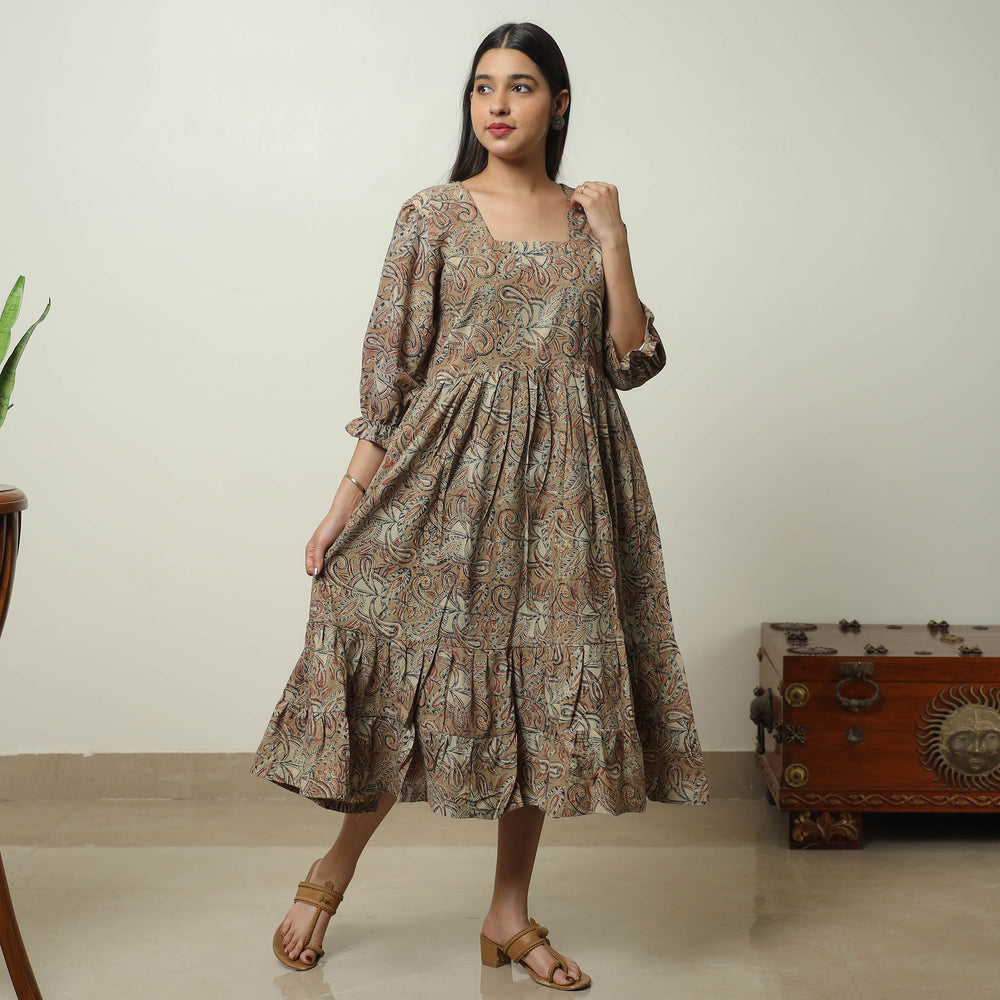 Brown - Kalamkari Block Printed Cotton Tiered Dress 09