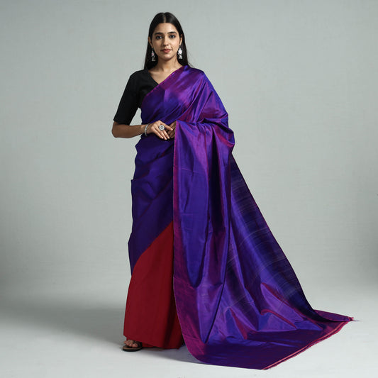 Multicolor - Bishnupuri Kalakshetra Katan Pure Silk Plain Handloom Saree