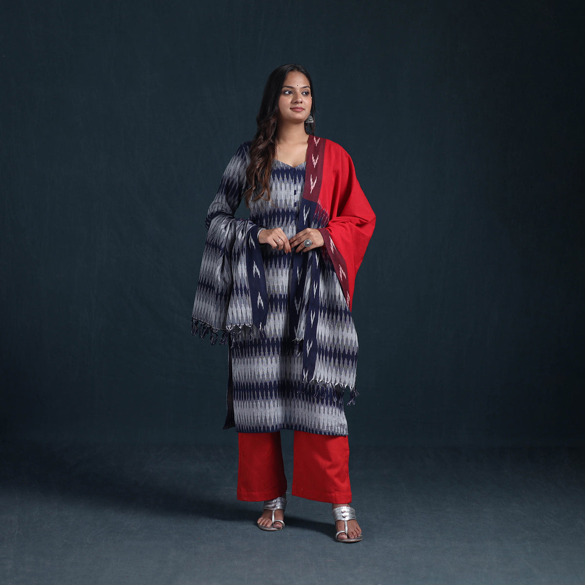 Pochampally Ikat Cotton Suit Set with Dupatta for Women 20