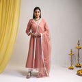 Lace Work Peach Plain Cotton Anarkali Kurta with Dupatta Set