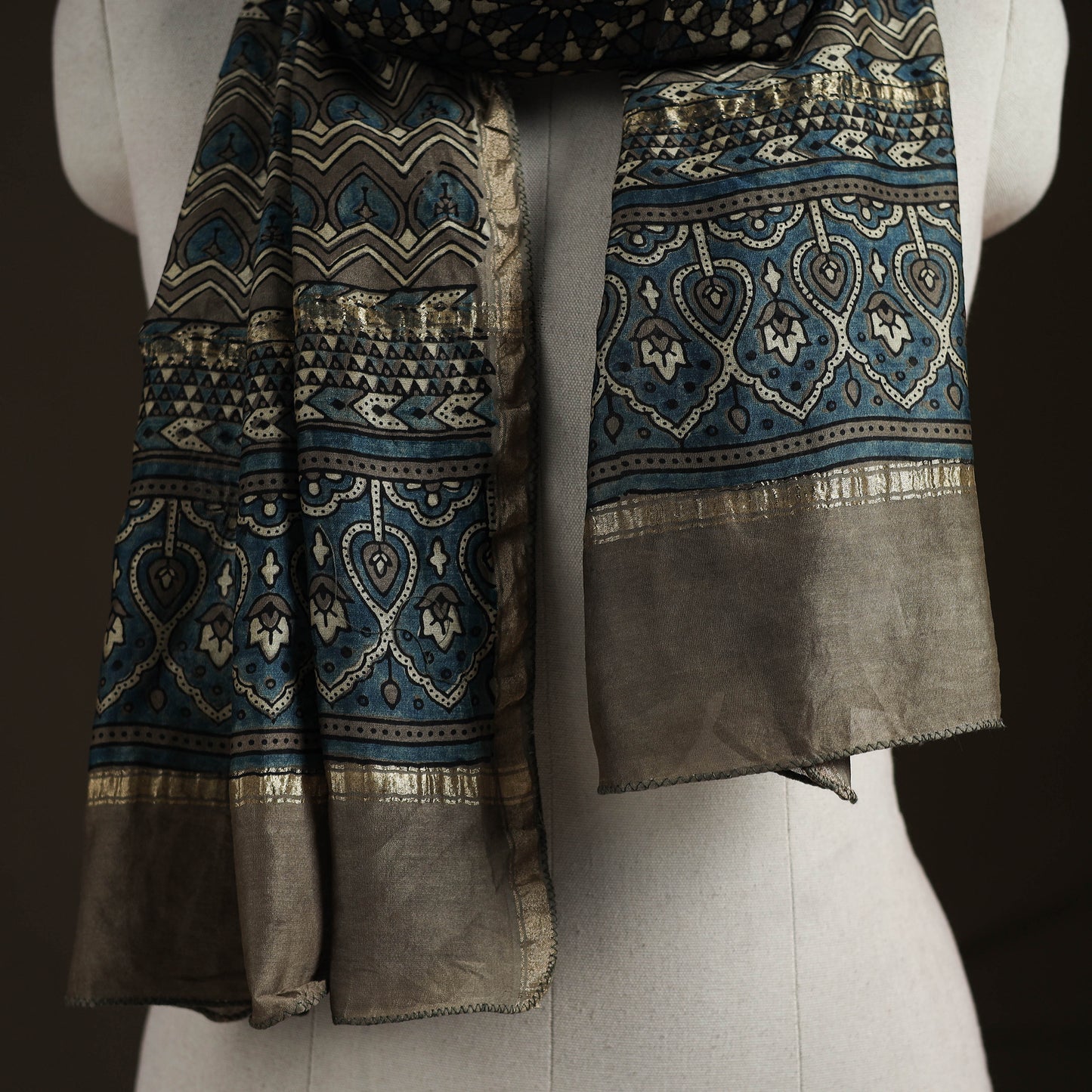 Handloom Chanderi Silk Ajrakh Hand Block Print Natural Dyed Stole 07