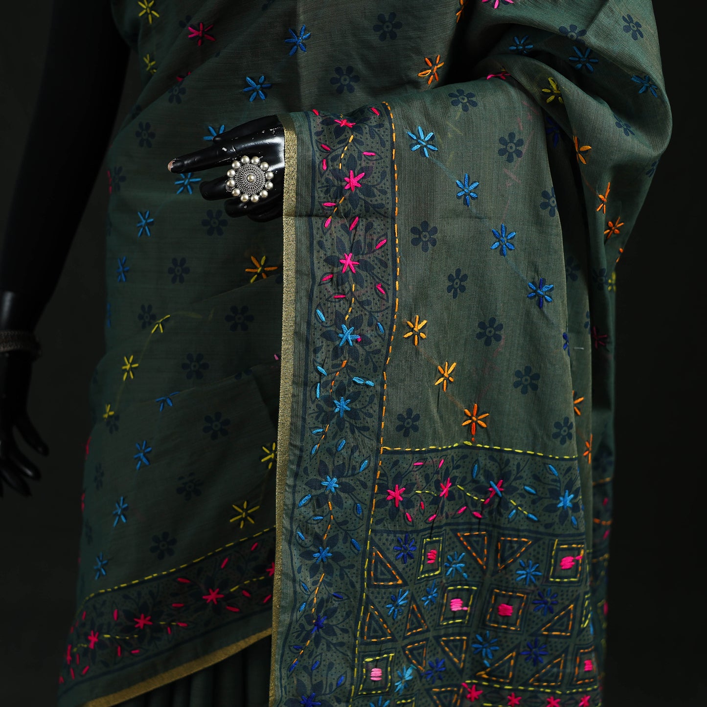 Green - Bengal Kantha Hand Embroidery Silk Cotton Chapa Work Saree 57