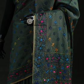 Green - Bengal Kantha Hand Embroidery Silk Cotton Chapa Work Saree 57
