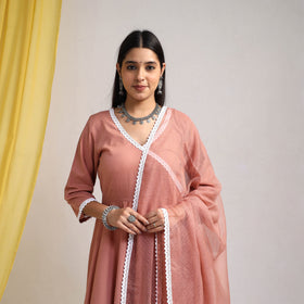 Lace Work Peach Plain Cotton Anarkali Kurta with Dupatta Set