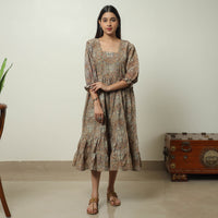 Brown - Kalamkari Block Printed Cotton Tiered Dress 09