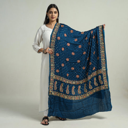 Blue - Kutch Bandhani Tie-Dye Modal Silk Zari Work Dupatta 64