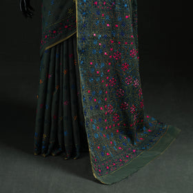 Green - Bengal Kantha Hand Embroidery Silk Cotton Chapa Work Saree 57