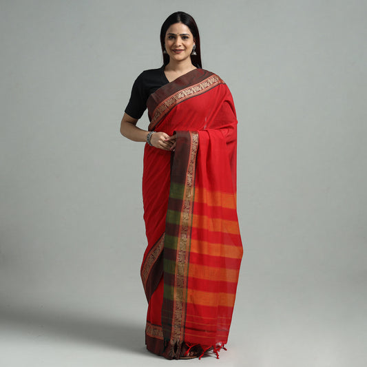 Red - Dharwad Cotton Saree with Thread Border